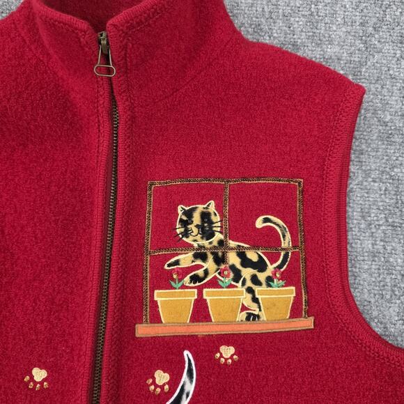 Lisa International Vest Women Medium Wool Cat Print Fuzzy Embroidered Zip Up VTG - Picture 7 of 16